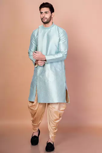 Sky blue dupion kurta patiala set for men with printed design