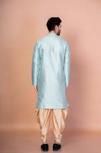 Sky blue dupion kurta patiala set for men with printed design