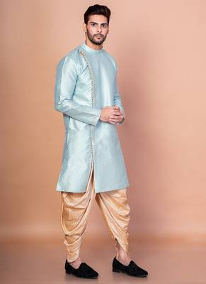 Sky blue dupion kurta patiala set for men with printed design 5