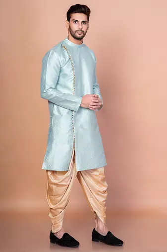 Sky blue dupion kurta patiala set for men with printed design