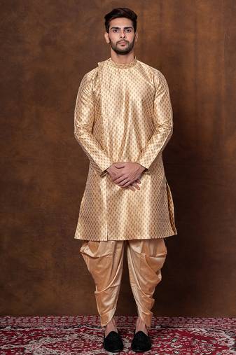 Beige dupion kurta patiala set for men with printed design