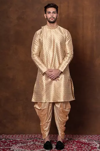 Beige dupion kurta patiala set for men with printed design