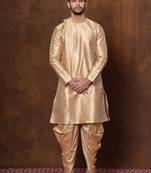 Beige dupion kurta patiala set for men with printed design