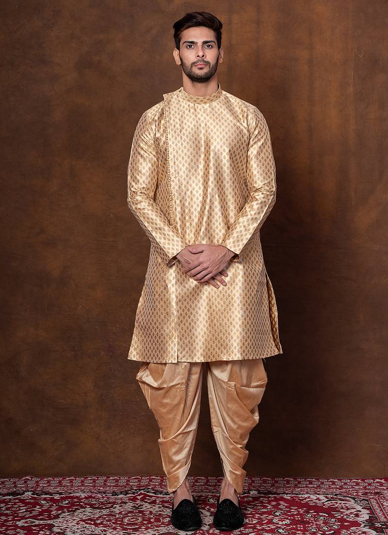 Beige dupion kurta patiala set for men with printed design