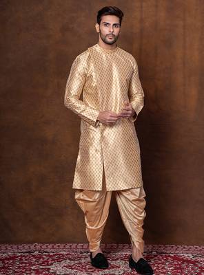 Beige dupion kurta patiala set for men with printed design 2