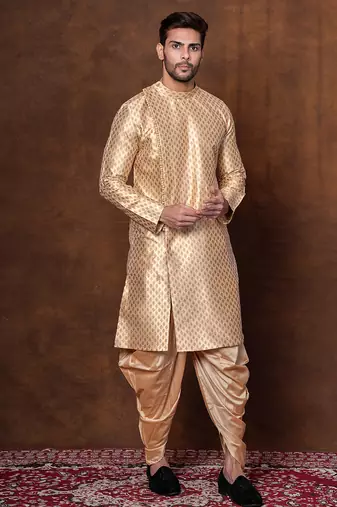 Beige dupion kurta patiala set for men with printed design