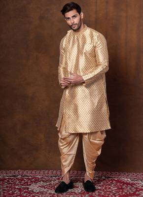 Beige dupion kurta patiala set for men with printed design 3