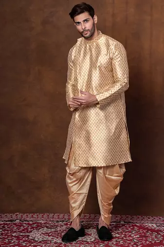 Beige dupion kurta patiala set for men with printed design