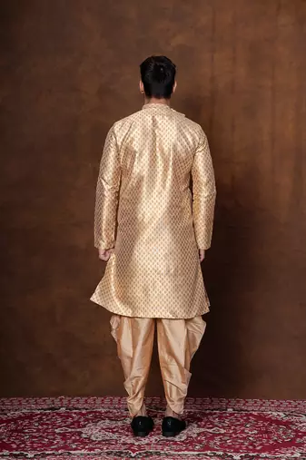 Beige dupion kurta patiala set for men with printed design