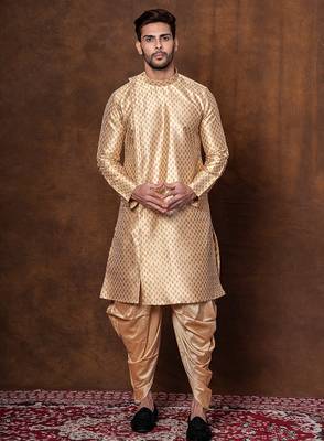 Beige dupion kurta patiala set for men with printed design 5