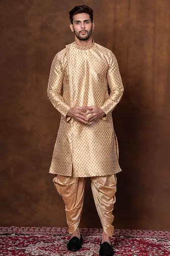 Beige dupion kurta patiala set for men with printed design