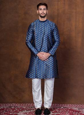 Navy blue dupion kurta patiala set for men with printed design 1