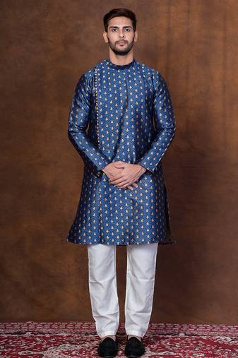 Navy blue dupion kurta patiala set for men with printed design