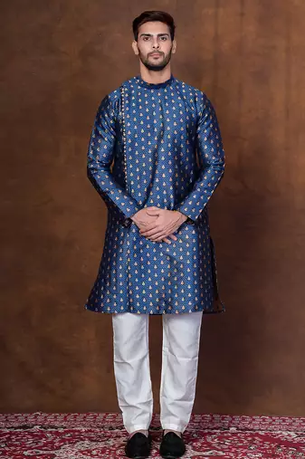Navy blue dupion kurta patiala set for men with printed design