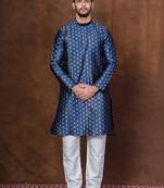 Navy blue dupion kurta patiala set for men with printed design