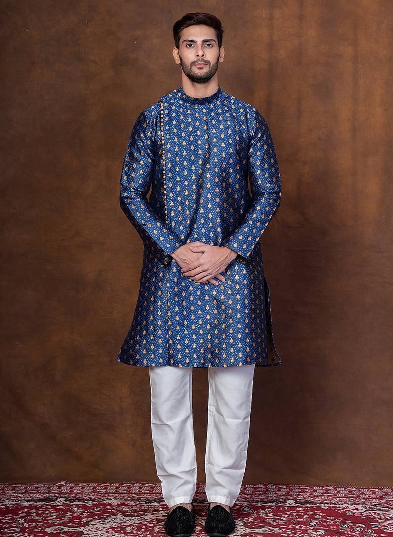 Navy blue dupion kurta patiala set for men with printed design