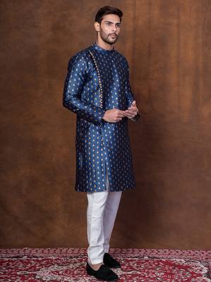 Navy blue dupion kurta patiala set for men with printed design 2