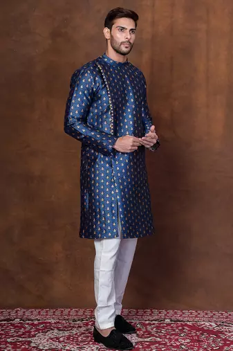 Navy blue dupion kurta patiala set for men with printed design