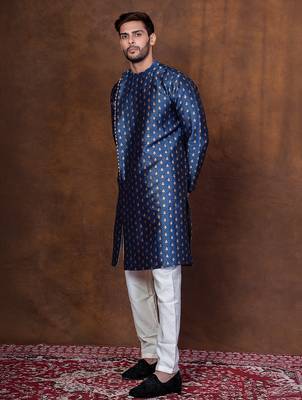 Navy blue dupion kurta patiala set for men with printed design 3
