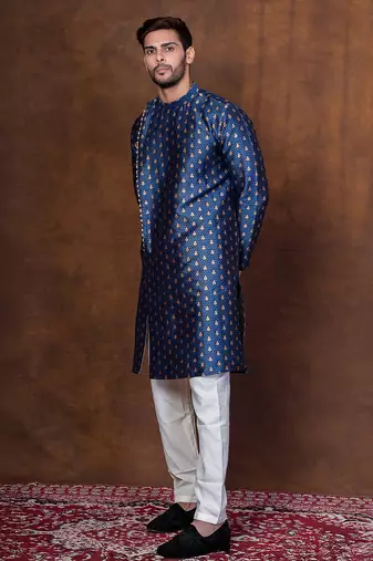Navy blue dupion kurta patiala set for men with printed design