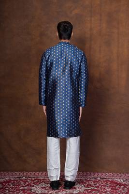 Navy blue dupion kurta patiala set for men with printed design 4
