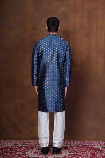 Navy blue dupion kurta patiala set for men with printed design