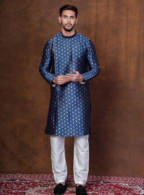 Navy blue dupion kurta patiala set for men with printed design 5