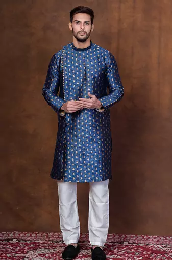 Navy blue dupion kurta patiala set for men with printed design