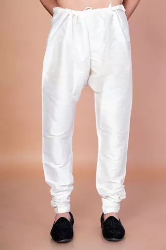 Cream banarasi silk churidar for men with solid design