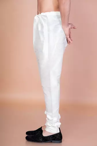 Cream banarasi silk churidar for men with solid design
