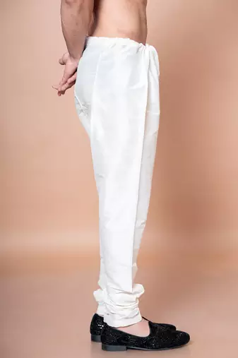 Cream banarasi silk churidar for men with solid design