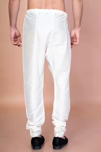 Cream banarasi silk churidar for men with solid design