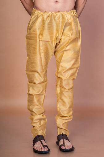 Gold banarasi silk churidar for men with solid design