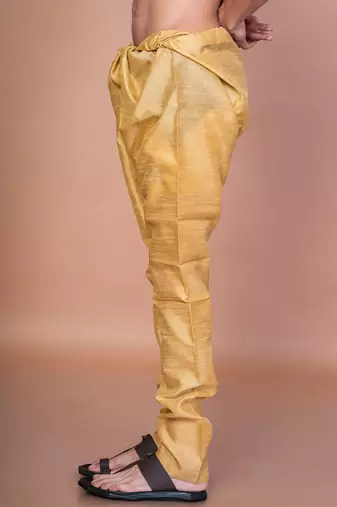 Gold banarasi silk churidar for men with solid design
