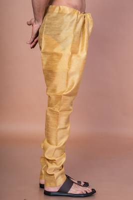 Gold banarasi silk churidar for men with solid design 3