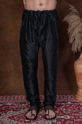Black banarasi silk churidar for men with solid design 1