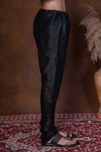 Black banarasi silk churidar for men with solid design