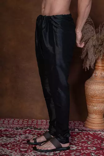 Black banarasi silk churidar for men with solid design