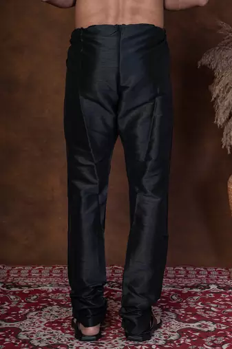 Black banarasi silk churidar for men with solid design