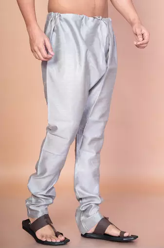 Grey banarasi silk churidar for men with solid design