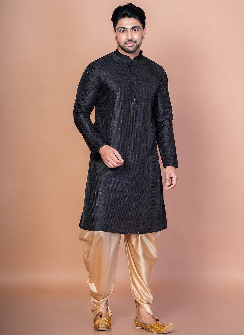 Black bangalorian silk kurta patiala set for men with embroidery work