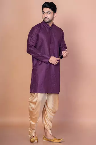 Purple bangalorian silk kurta patiala set for men with embroidery work