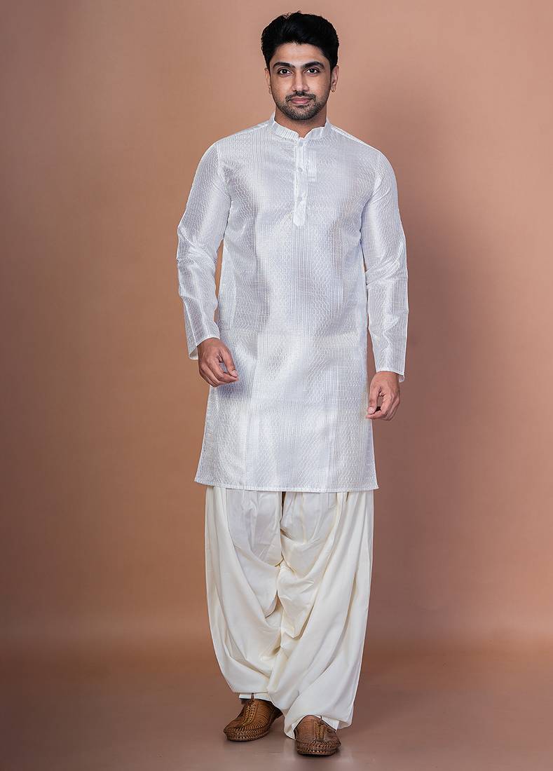 White bangalorian silk kurta patiala set for men with embroidery work