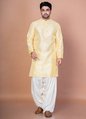 Lemon bangalorian silk kurta patiala set for men with embroidery work 1