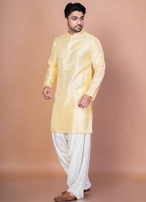 Lemon bangalorian silk kurta patiala set for men with embroidery work 2