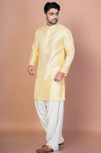 Lemon bangalorian silk kurta patiala set for men with embroidery work