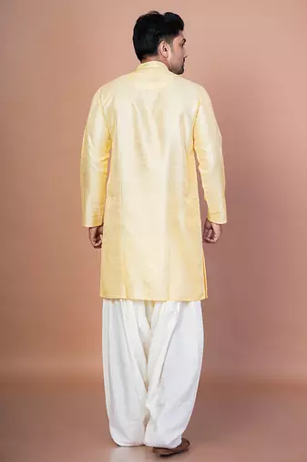 Lemon bangalorian silk kurta patiala set for men with embroidery work