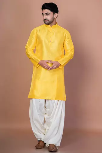 Golden bangalorian silk kurta patiala set for men with embroidery work