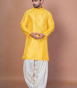 Golden bangalorian silk kurta patiala set for men with embroidery work