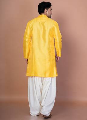 Golden bangalorian silk kurta patiala set for men with embroidery work 4